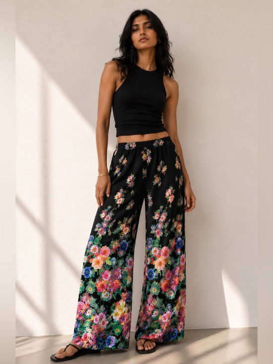 Pants - Handmade Floral Wide Leg Pants | One-of-a-Kind Artisan Piece